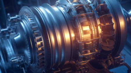 3D rendering of a gearbox of a jet engine with glowing lights