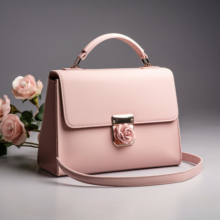 Pink leather clutch with pink roses on a gray background. Fashionable concept.の写真素材
