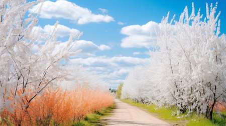 Frosted trees on the side of a dirt road in springの写真素材