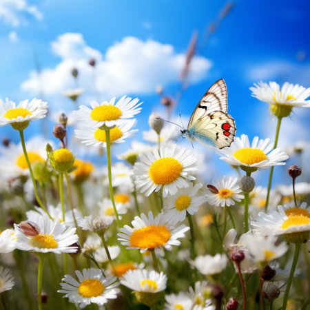 White daisies and butterfly on blue sky background with white cloudsの写真素材