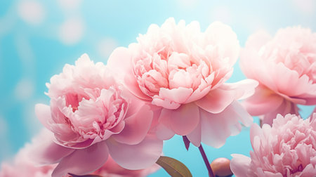 Pink peony flowers on blue background. Floral spring background.の写真素材