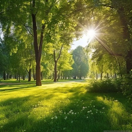 Sunset in the summer park. Green grass and trees on a sunny day.の写真素材