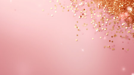 Gold glitter confetti on pink background. Festive shiny background.の写真素材