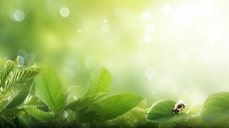ladybug on green leaf with sun light bokeh backgroundの写真素材