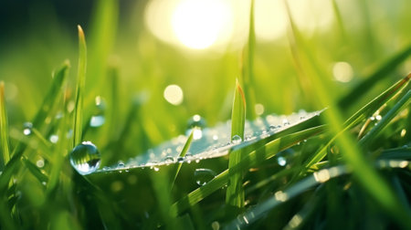 Fresh green grass with dew drops close up. Nature background.の写真素材