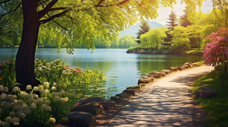 Beautiful spring landscape with lake, trees and flowers in the park