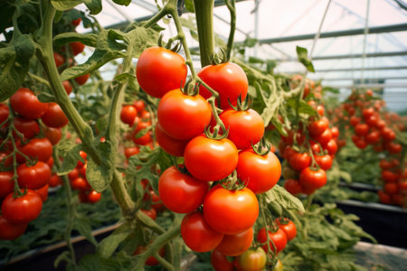 Tomatoes growing in a greenhouse. Red tomatoes on a branch.の写真素材