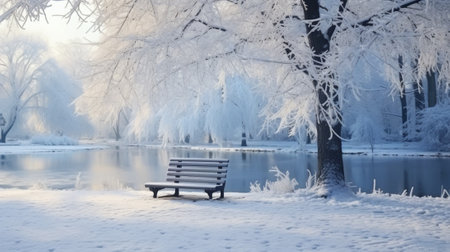 Beautiful winter landscape with a bench and trees covered with hoarfrost