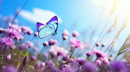 Butterfly on a meadow of purple flowers and blue skyの写真素材