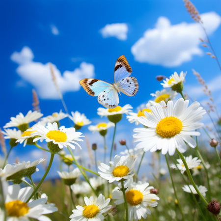 White daisies and blue butterfly on the blue sky background.の写真素材
