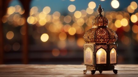 Arabic lantern on wooden table in front of bokeh lights