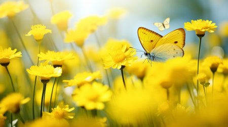 Butterfly on yellow flower, close up. Nature background.の写真素材