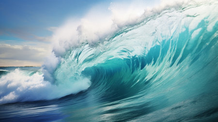 Ocean wave with blue ocean water and blue sky background. Copy space.の写真素材