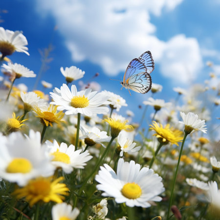 Butterfly on daisy flower with blue sky in background.の写真素材