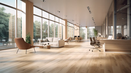 Modern office waiting room interior with brown armchairs and wooden floor. 3D Renderingの写真素材