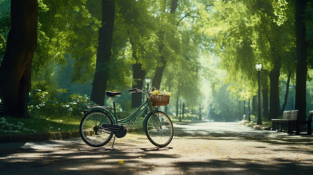 Bicycle in the park with a basket of fruit in the basketの写真素材