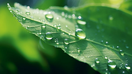 Green leaf with drops of water in the morning. Nature background.の写真素材