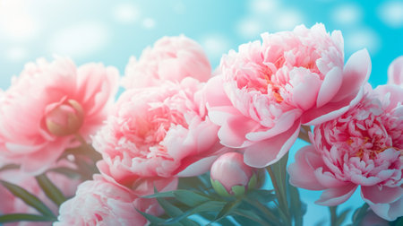 Bouquet of pink peonies on a blue background. Soft focus.の写真素材