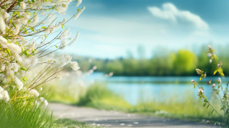 Beautiful spring landscape with white flowers on the shore of the lakeの写真素材