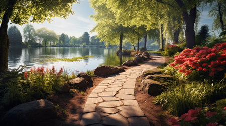 Beautiful summer garden with pond, trees, grass and pathway.の写真素材