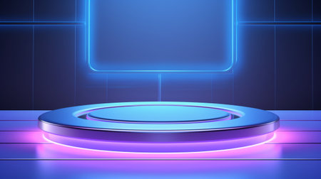 Abstract round podium illuminated with neon glow. Mock up, 3D Renderingの写真素材