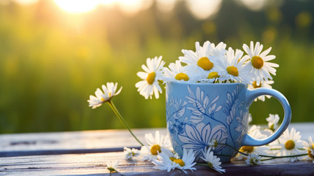 Cup of chamomile flowers on wooden table in summer fieldの写真素材