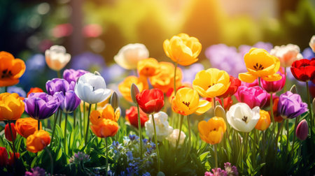 Colorful tulip flowers blooming in the garden with sunlight backgroundの写真素材