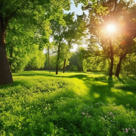 Beautiful summer park. Sunlight and green grass. Nature backgroundの写真素材