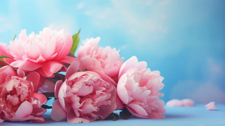 Bouquet of pink peonies on blue background with copy spaceの写真素材