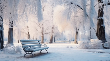 Wooden bench in the winter park. Beautiful winter landscape with a bench.の写真素材