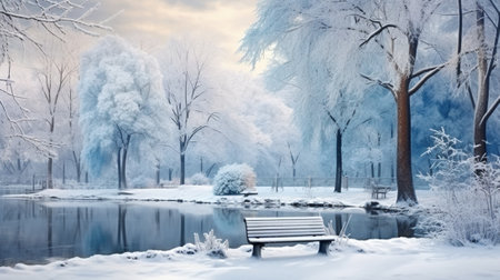 Beautiful winter landscape with snow-covered trees and lake in parkの写真素材