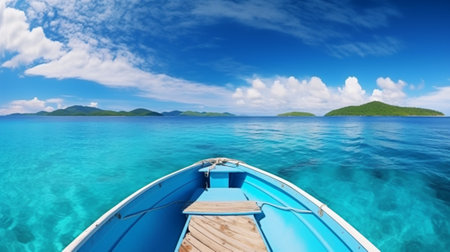 Beautiful seascape with boat on the water and blue skyの写真素材