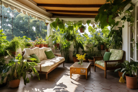 Interior of a cozy terrace with plants, flowers and furnitureの写真素材