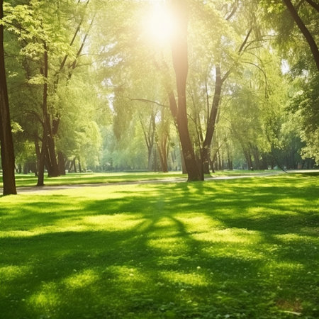 Beautiful summer park with green grass and sun shining through the treesの写真素材