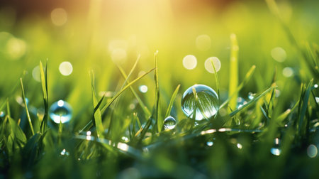 Water drops on green grass with bokeh background, close upの写真素材