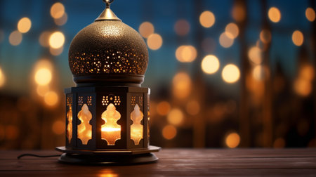 Lantern with bokeh background. Ramadan Kareem greeting card.の写真素材