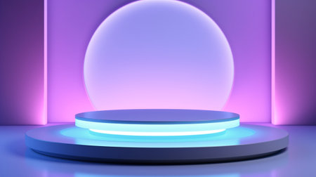 Abstract background with round podium and neon lights. 3D Renderingの写真素材