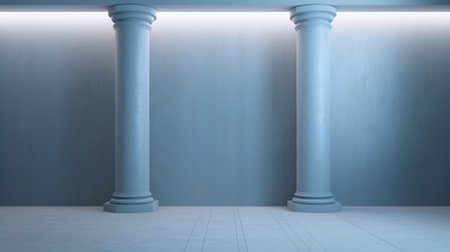 3D rendering of an empty room with columns and a blue wallの写真素材