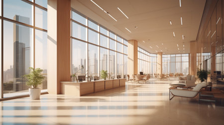 Modern office lobby interior with panoramic city view. 3D Renderingの写真素材
