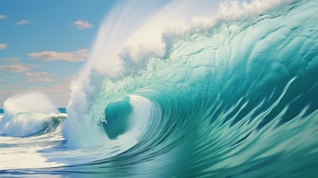 Surfing ocean wave. Blue ocean wave with turquoise waterの写真素材