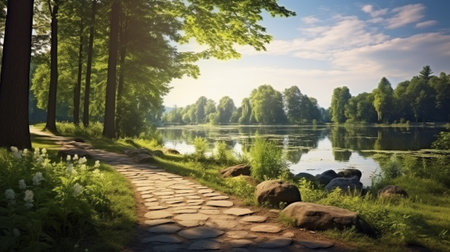Beautiful summer landscape with lake in the park. Composition of nature.の写真素材