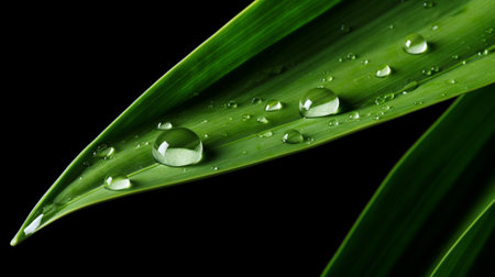 Water drops on green leaf isolated on black background. Close up.の写真素材
