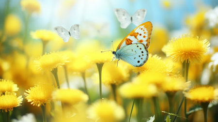 Butterfly on dandelion flowers, closeup. Nature backgroundの写真素材