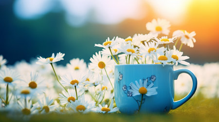 White daisies in a blue cup on a green meadowの写真素材