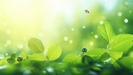 Green leaves and honey bee on blurred nature background with bokeh.の写真素材