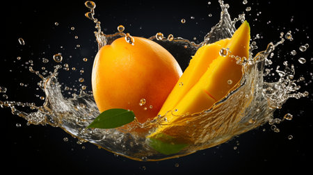 Mango fruit splashing in water, isolated on black background.の写真素材