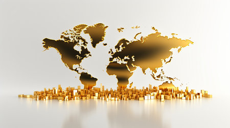 Golden world map on white background. 3d illustration. Global business concept.の写真素材