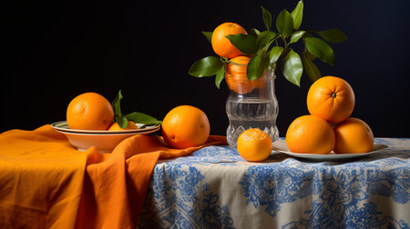 Still life with oranges on the table. Black background. Studio shot.の写真素材