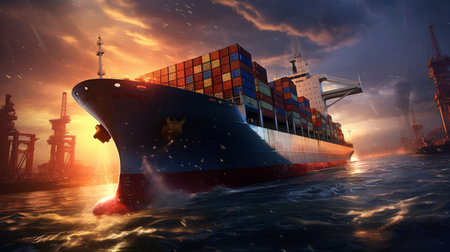 Container Ship in the sea at sunset. 3d render illustration.の写真素材