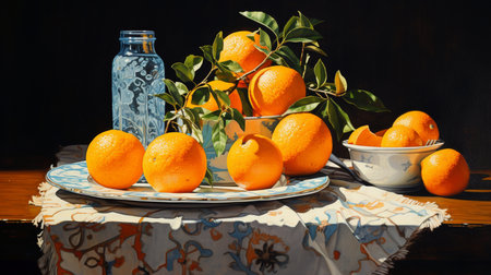 Oranges with leaves on a wooden table. Still life with oranges.の写真素材
